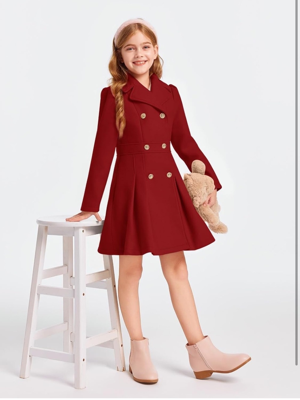 Girls Winter Dress Coat Button Peacoat Notch Lapel Double Breasted with Pockets - Picture 2 of 7